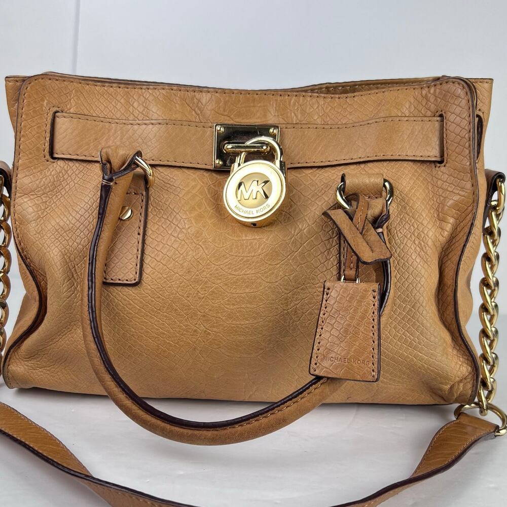Michael Kors Hamilton Acorn Brown Saffiano Leather Shoulder Handbag Lock & Key